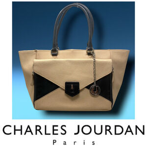 Charles Jourdan Convertible 2 in 1 Black & Tan Pebbled Leather Tote Purse Bag